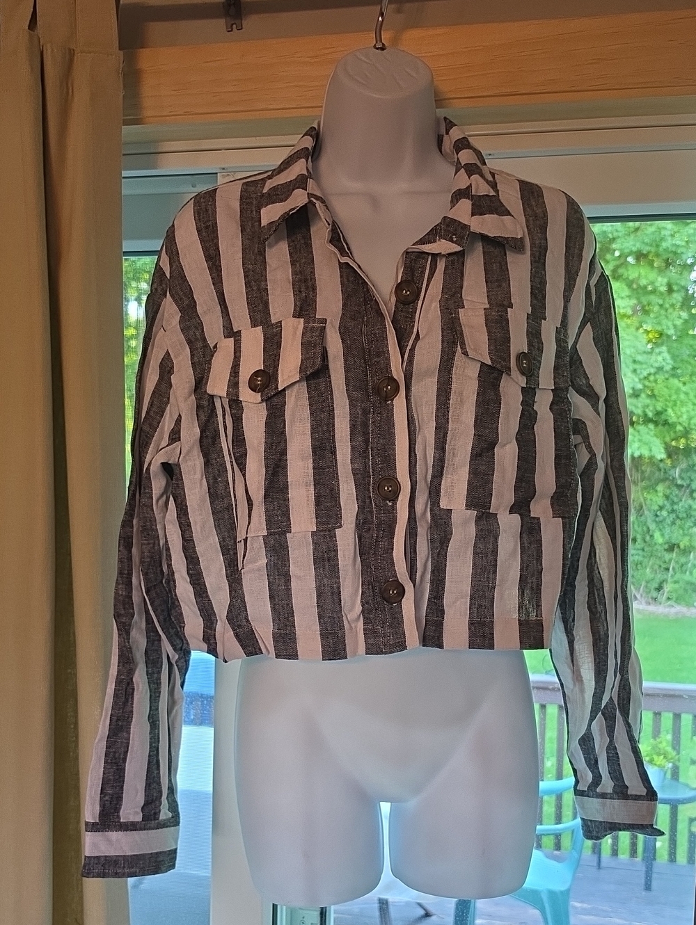 Love Tree Black and White Striped Cropped Jean Jacket